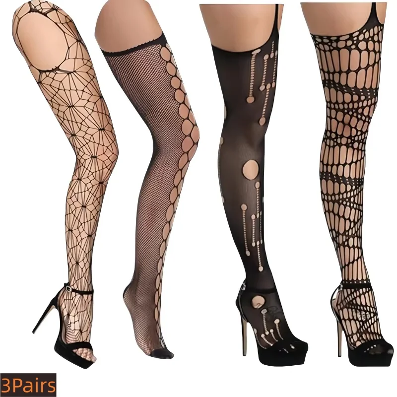 3-teiliges Netzstrümpfe-Set für Damen mit Strumpfgürtel, sexy, ausgehöhltes Muster, oberschenkelhohe Strapsstrumpfhose für einen modischen Look