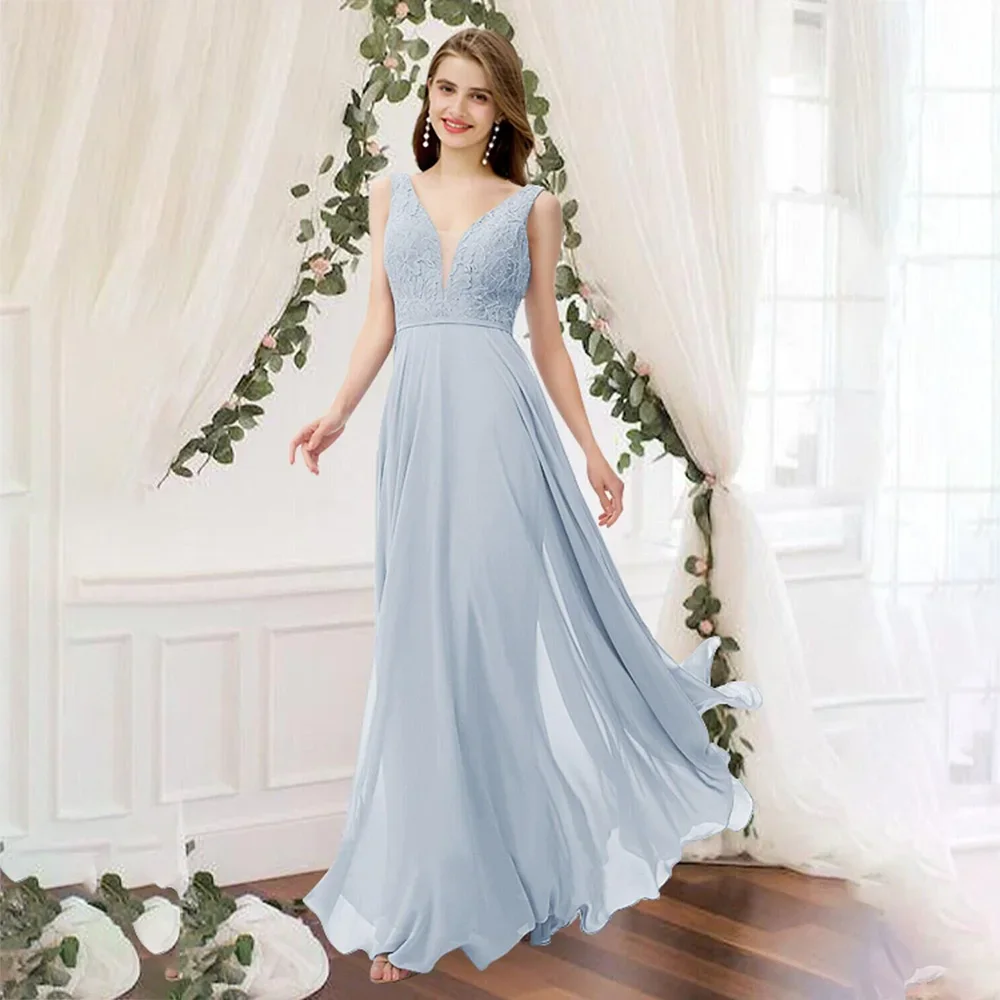 

Customized Elegant V Neck Sleeveless Bridesmaid Dress Elegant Floor Length Chiffon A-Line Wedding Party Gowns Pleats Brush T
