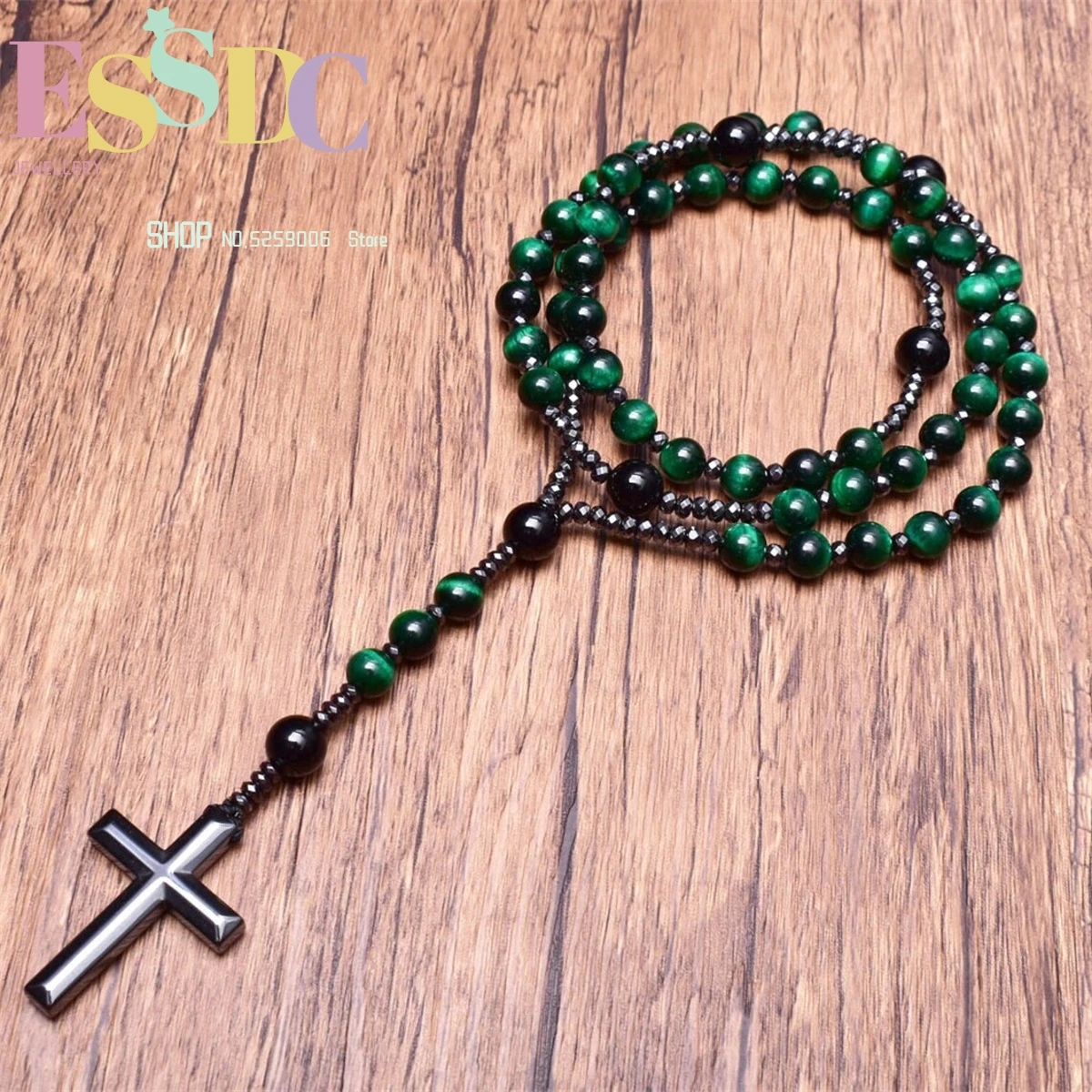 Obsidian Black Agate Malachite Tiger Eye Stone African Pine Beaded Hematite Black Gallstone Cross Pendant Necklace Charm Gift