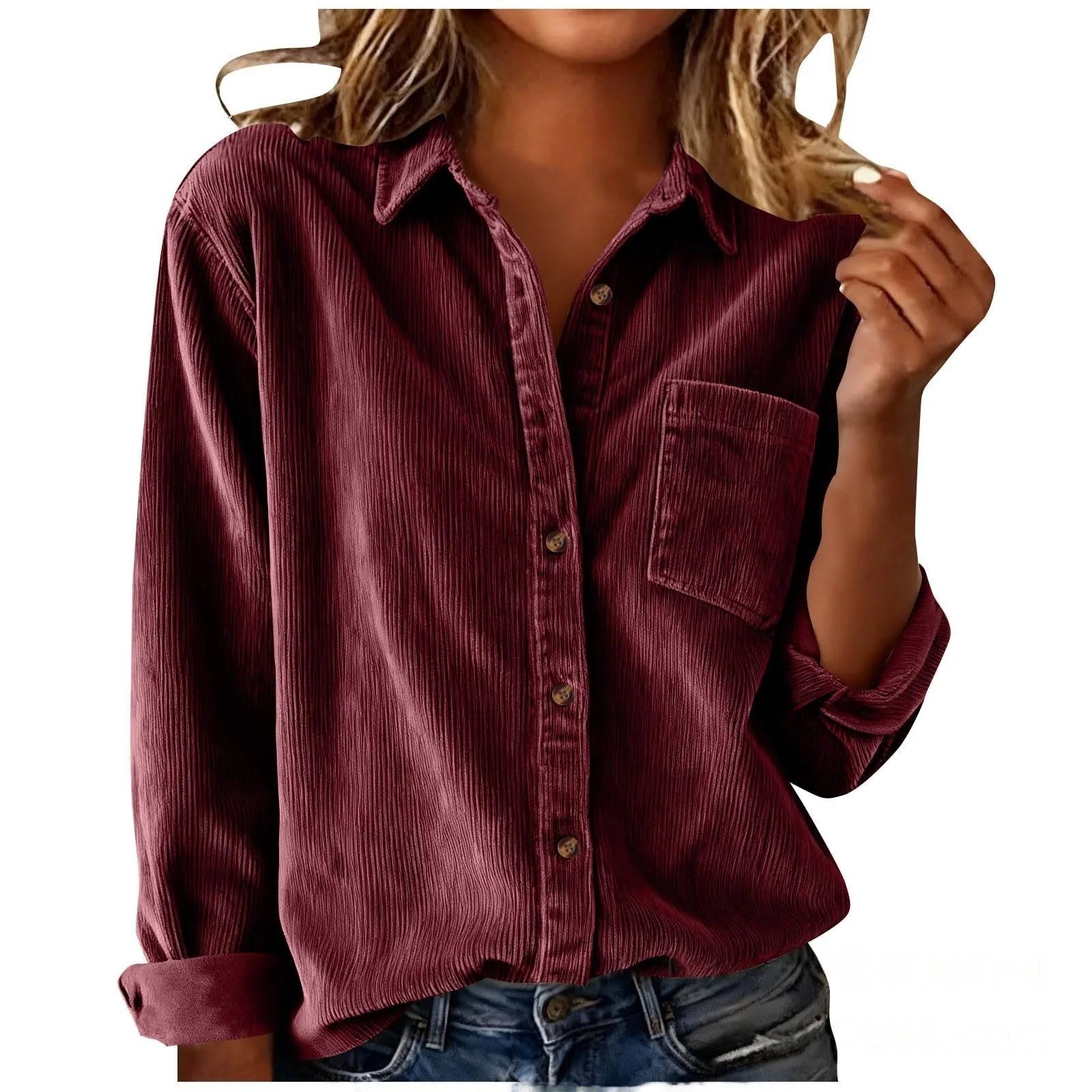 Autumn and Winter New Stripe Stand-up Collar Long-sleeved Women's Corduroy Loose Thick Shirt Jacket