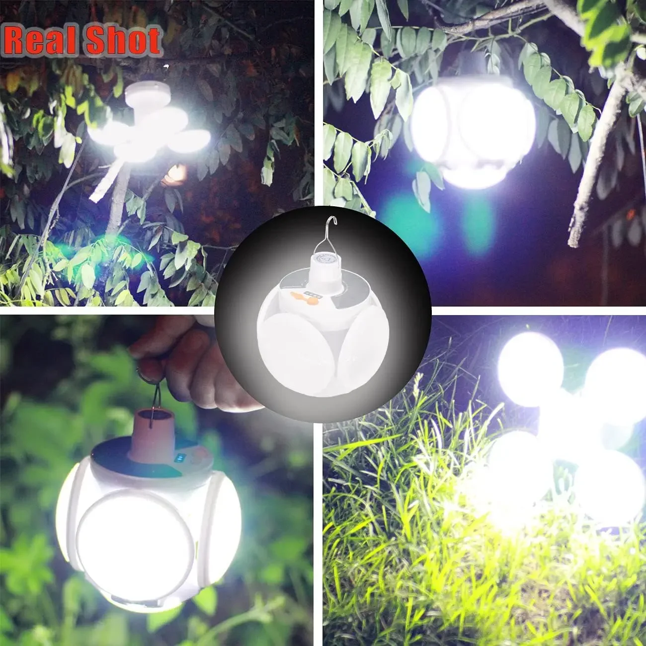 Folding Solar Camping Lantern  Rechargeable Outdoor Hanging Tent Lamp Folding  Football Bulbs With Hook Emergency Lights