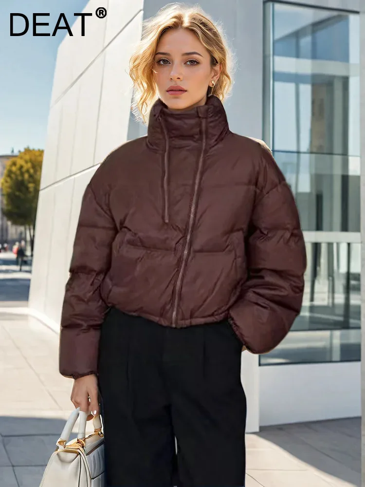 DEAT Fashion Wine Red Cotton-padded Coat Women's Stand Collar Loose Double Zipper Thick Quilted Jackets Winter 2024 New 7AB6403