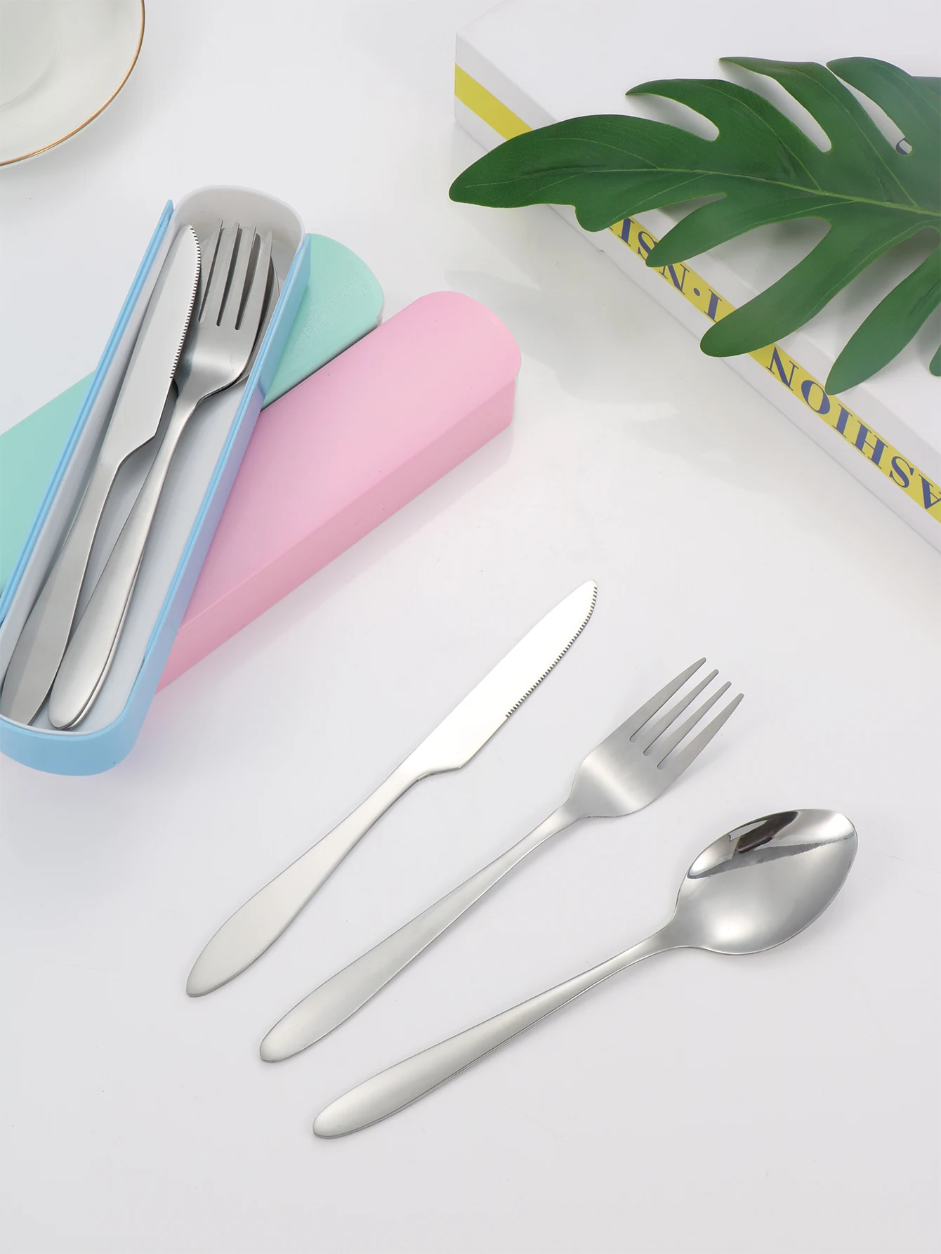 3pc Portable Suit Students Go to School Dining Suit His Knife and Fork Spoon with Receive a Case
