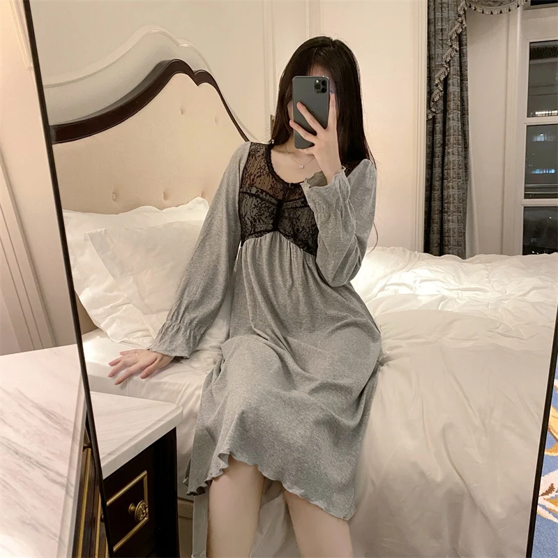 

2023 Autumn Long Sleeve Sexy Lace Lingerie Modal Nightgowns for Women Korean Sleepwear Night Dress Nightdress Ladies Home Nighty