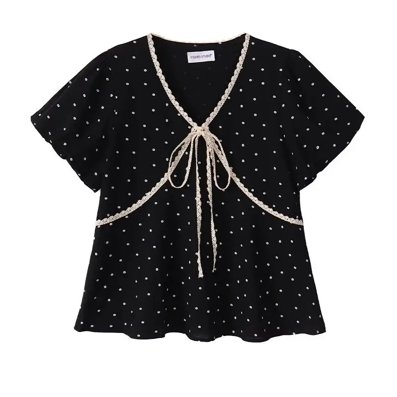 

Large Size Women Clothing Summer New High-end Designed Niche V-neck Puff Sleeves Loose Slim Lace Short-sleeved Shirt Top
