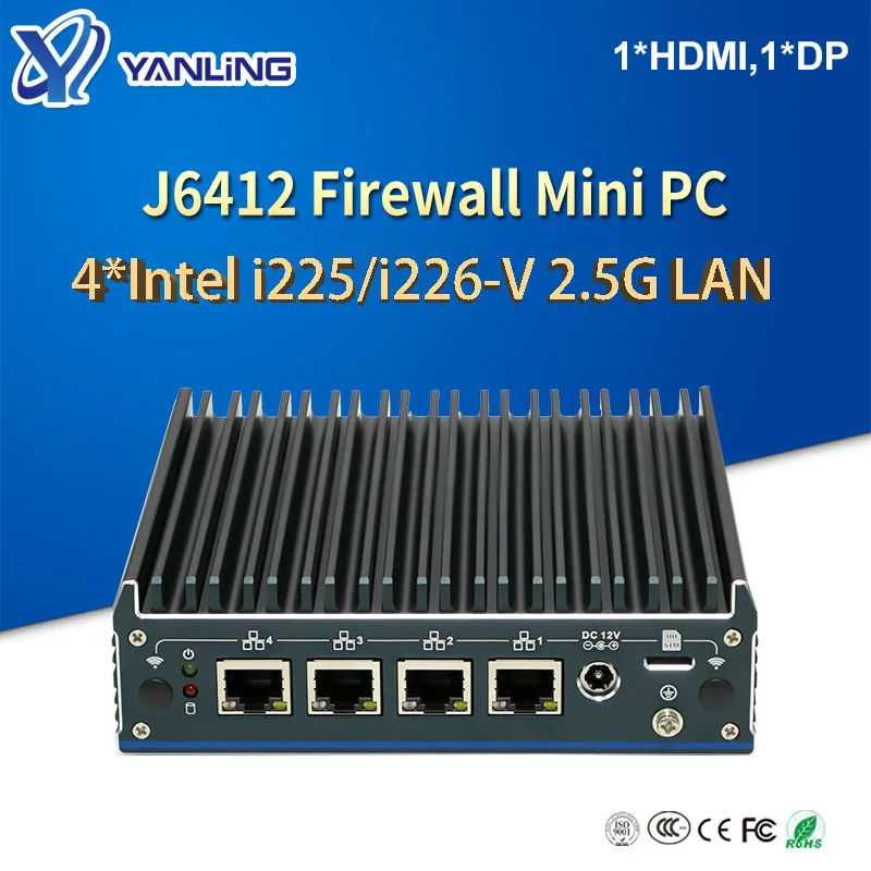 Fanless Soft Router J6412 Mini PC Quad Core processor Micro Firewall 4*Intel 2.5G LAN HDMI DP pfSense Firewall Appliance