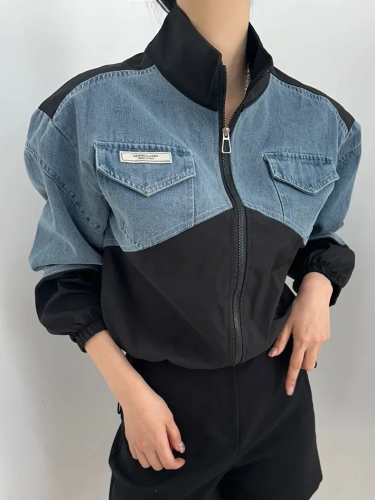 Splicing color denim jacket for women 2024 Spring and Autumn new Korean version slimming contrasting color splicing jacket top