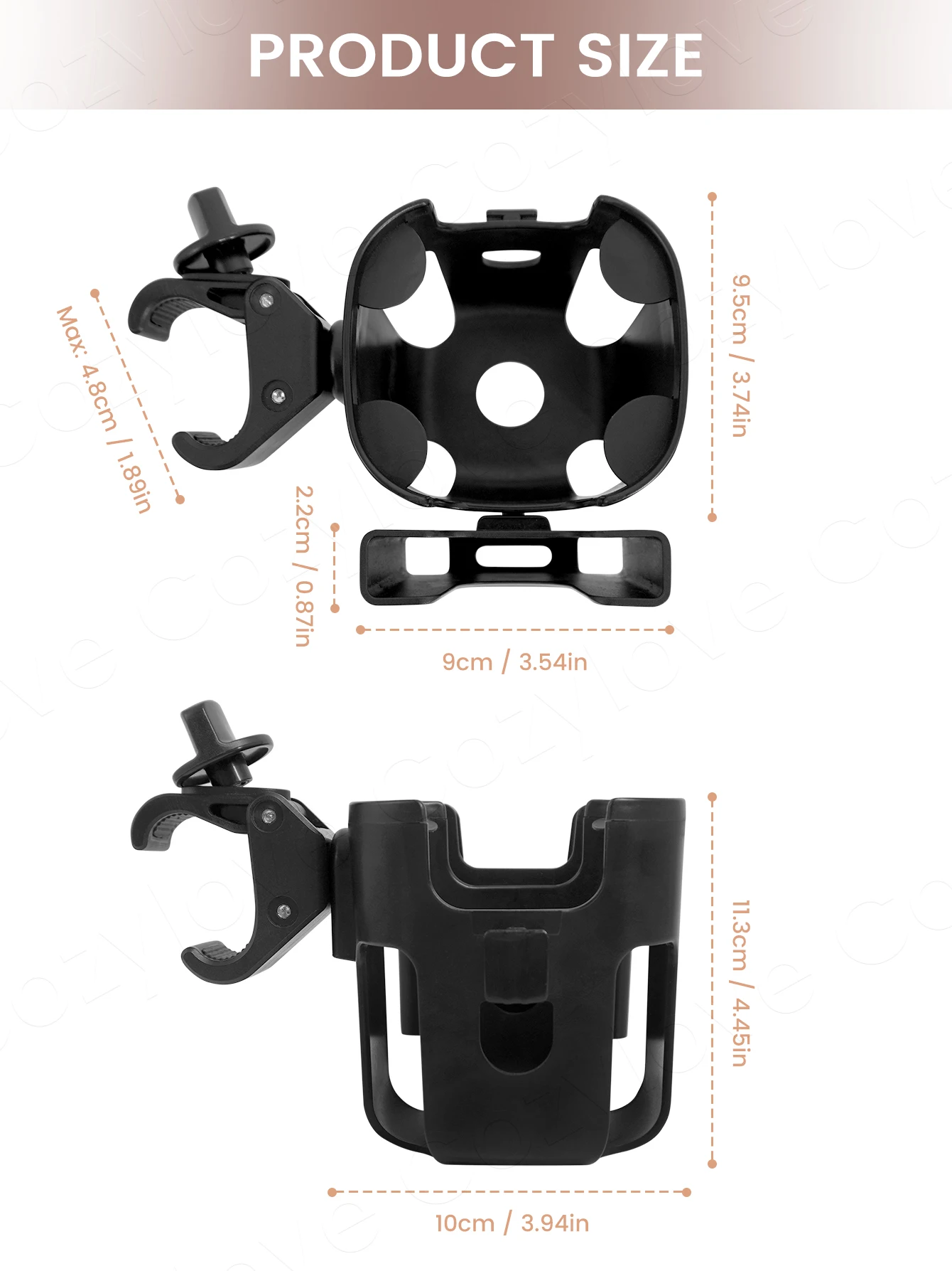 Porte-gobelet de poussette de grande taille avec fente pour téléphone, amovible et 360 °   Rotation pour la plupart des chariots, marcheurs et vélos