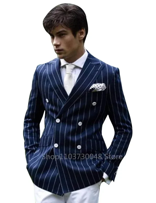 Navy Blue Striped Suits Blazer for Men Slim Fit Peak Lapel Double Breasted Men Suit Jacket 1 Piece Italian Style Fashion Coat