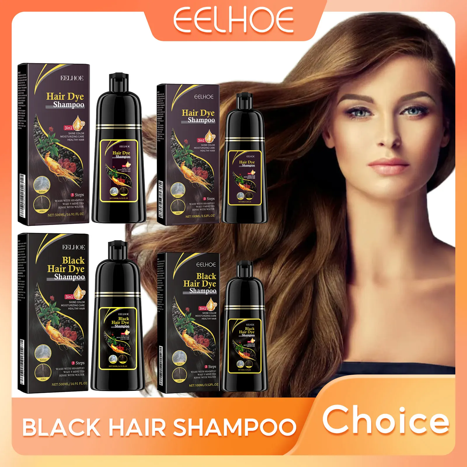 

EELHOE Black Hair Dye Shampoo Covers Gray Hair Treatment Natural Organic Polygonum Professional Magic Hair Color Shampoo 500ml