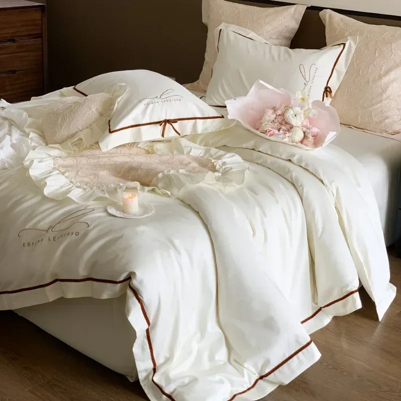 100S High Count Cotton Four Piece Set Romantic Embroidery Ribbon Pure Cotton Quilt Cover 1.8m Bedding