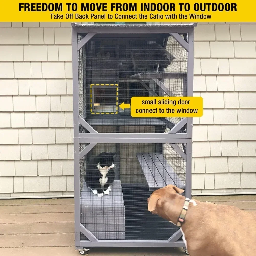 Cat House Outdoor Catio Cat Enclosures on Wheels70.9 Kitty House with Upgraded Resting Box,Waterproof Roof