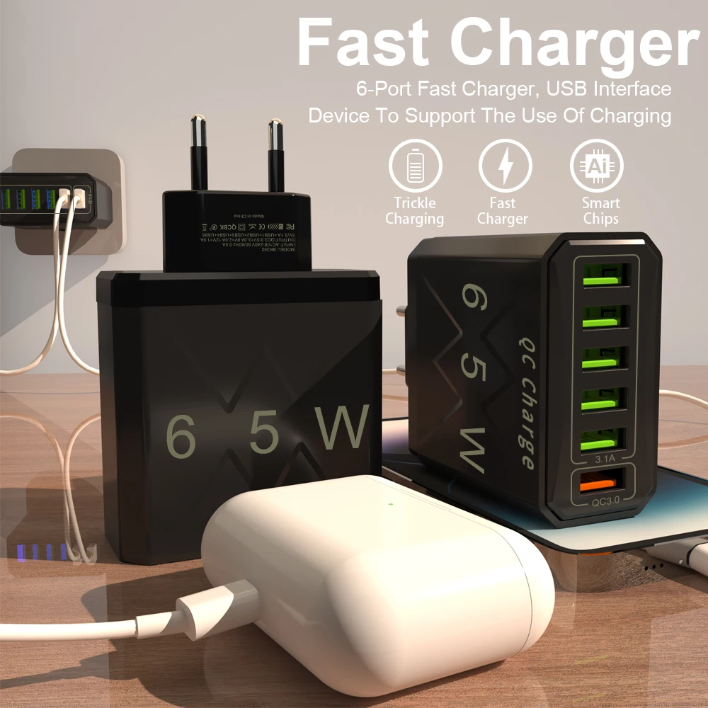 65W Charger USB 6 Ports Fast Charging Quick Charging For iPhone Huawei Samsung Tablet USB Travel Charger EU US KR Plug Adapter