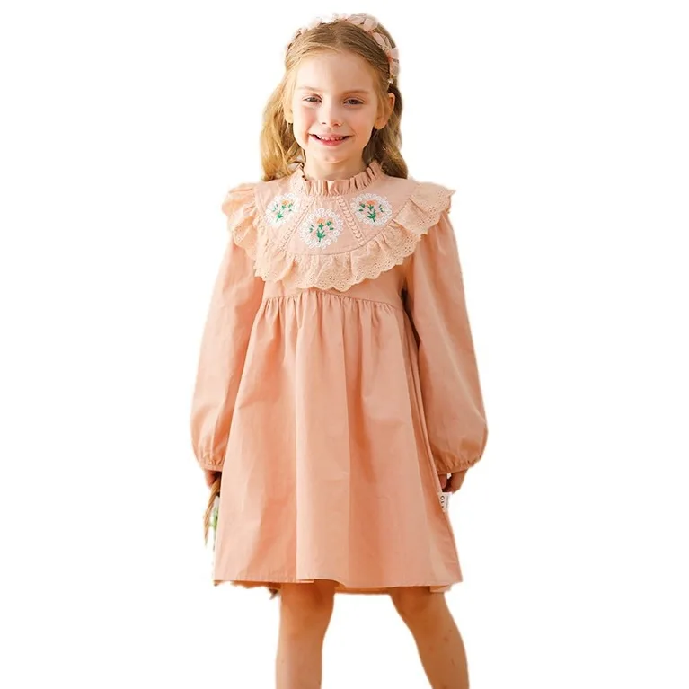 Retro Flower Embroidery Stand Up Collar Girls' Dress 2024 Autumn Style Lotus Leaf Lace Sweet Princess Dress Long Sleeved