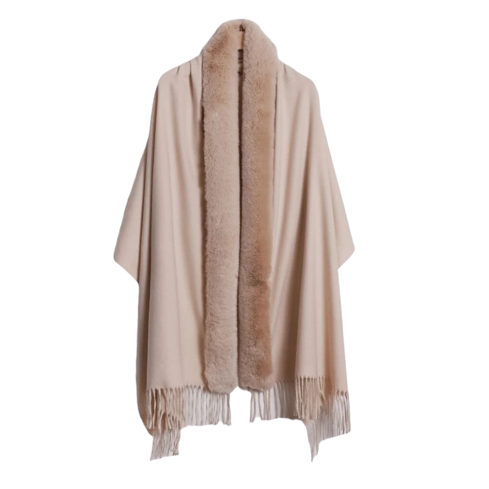 Elegant Oversized Faux Fur Collar Shawl Soft Tassel Oversized Warm Cape Solid Color Warm Lining Wrap Poncho Winter