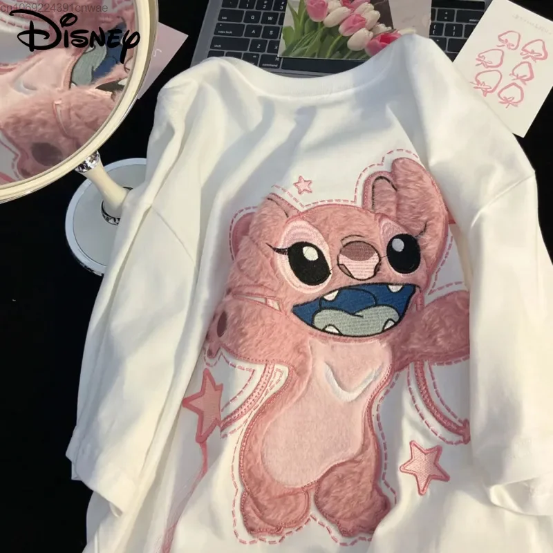 Disney Cute Stitch Printed Short Sleeve Black T-shirt Women\'s Summer New Hip Hop Grunge Pink White Tee Top Fashion Girls Clothes