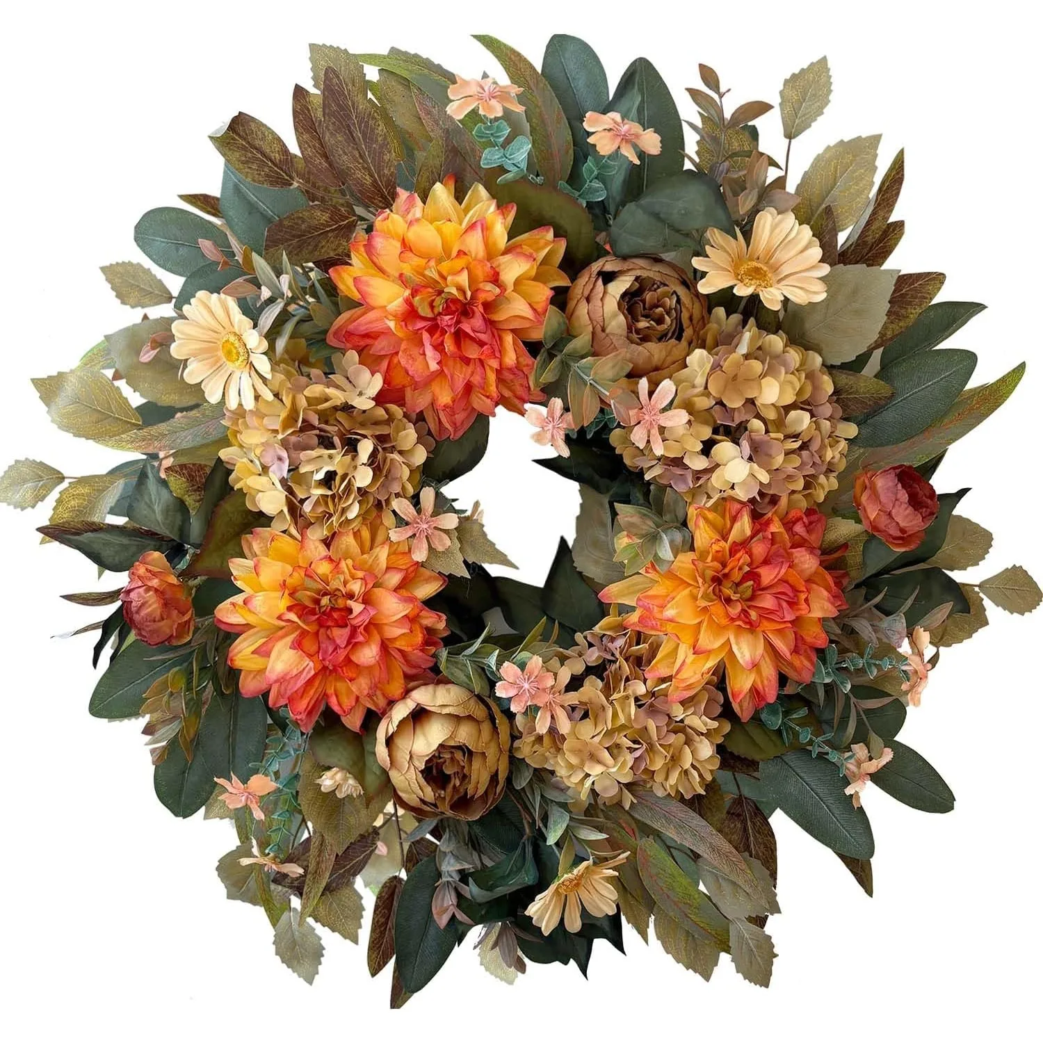 

24 Inch Spring Fall Garlands for Front Door, Fall Wreath with Orange Hydrangea And Peony And Dahlia -Fall Decoration for Home-Fall Decor Door Wreath for Valentines Day, Mothers Day, Autumn, Harvest