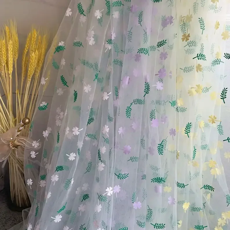Pink Flower Print White Tulle Fabric purple flower green  Fabric for Flower Girl Dress, Party Dress, Costume design 59