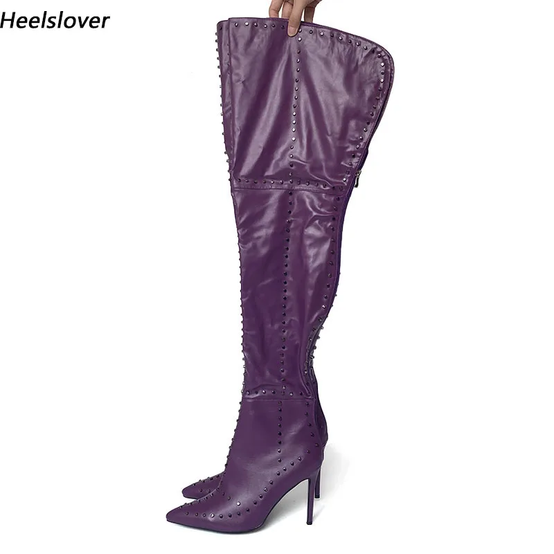 

Ahhlsion Italian Style Women Thigh Boots Zipper Stiletto Heels Pointed Toe Beautiful Purple Party Shoes Ladies US Size 5-15