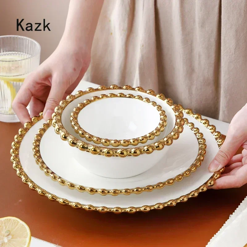 

Creative Golden Beaded Side Dinner Plate Nordic Ceramic Plates and Bowls Spaghetti Dishes Dessert Salad Dish Western Tableware