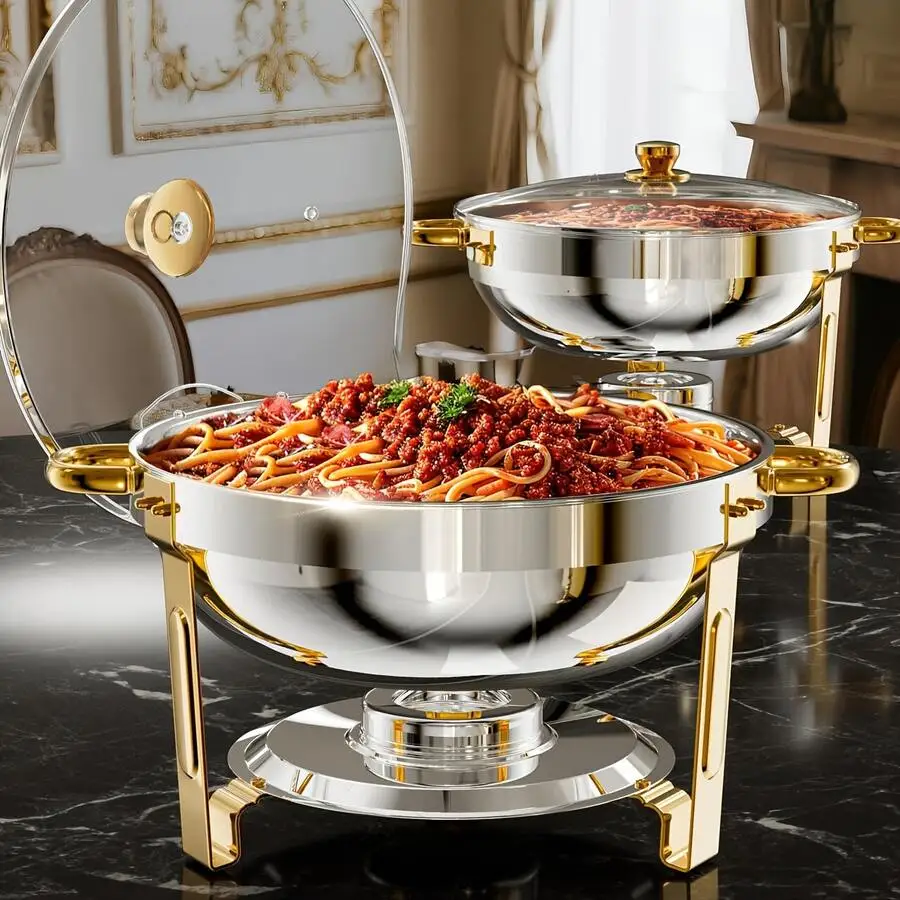 1PCS Gold Buffet Chafing Dish (5 Quart), Round Chafing Dish Set With Lid Rack, Rolled Edge Design (No Cutting), Mirror Polished Stainless Steel, Suitable For Catering, Parties And Weddings, For Cooking Only