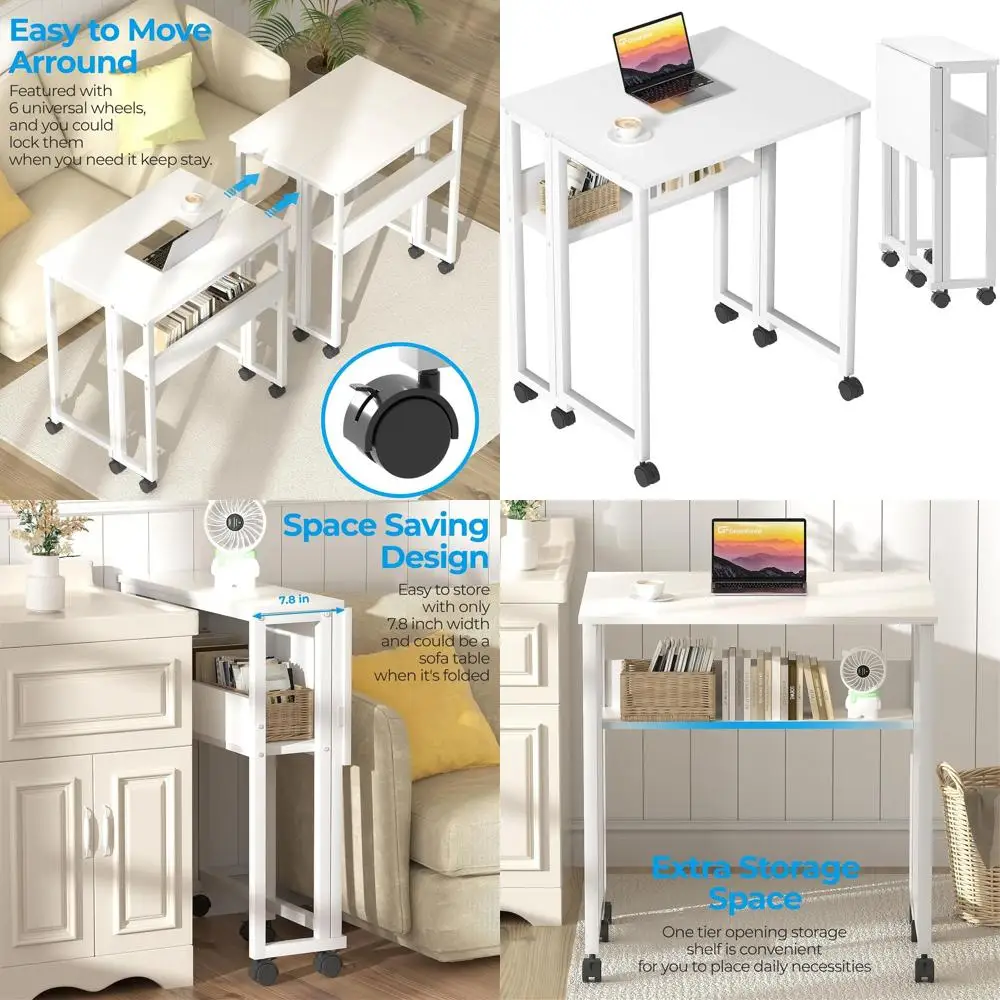 

Portable Rolling Desk with Wheels and Storage, 24.8 Compact Desk for Small Spaces, Easy Assembly, White