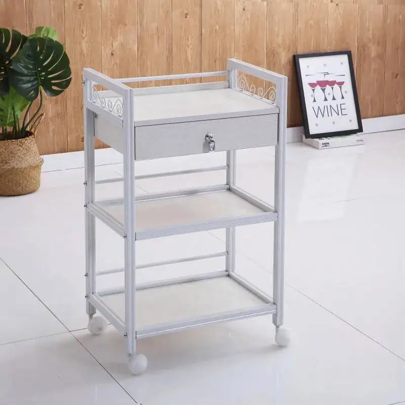 عربة بار عربات مساعدة لغرفة المعيشة الذهب صالون الألومنيوم عربة تحميل عجلات الجمال 2-tier أدراج صالون الأثاث #3