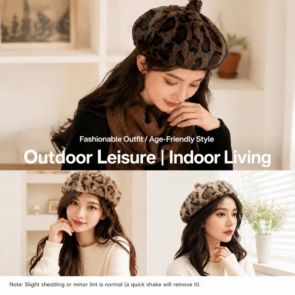 Sweet Leopard Print Faux Rabbit Fur Beret Solid Color Thicken Octagonal Beanie Cap Flush Furry Keep Warm Winter Cap Women Girl