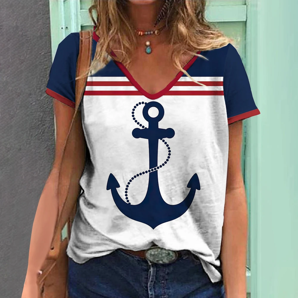 Boat Anchor Pattern Print Women\'s T-Shirts Top Short Pullover Sleeved Fashion Casual O-Neck Oversize Tee Shirt Female Clothing