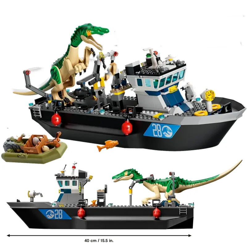 Jurassic Series Building Blocks Baryonyx Dinosaur Boat Escape Floating Boat Children\'s Gift Assembled Dinosaur Toy