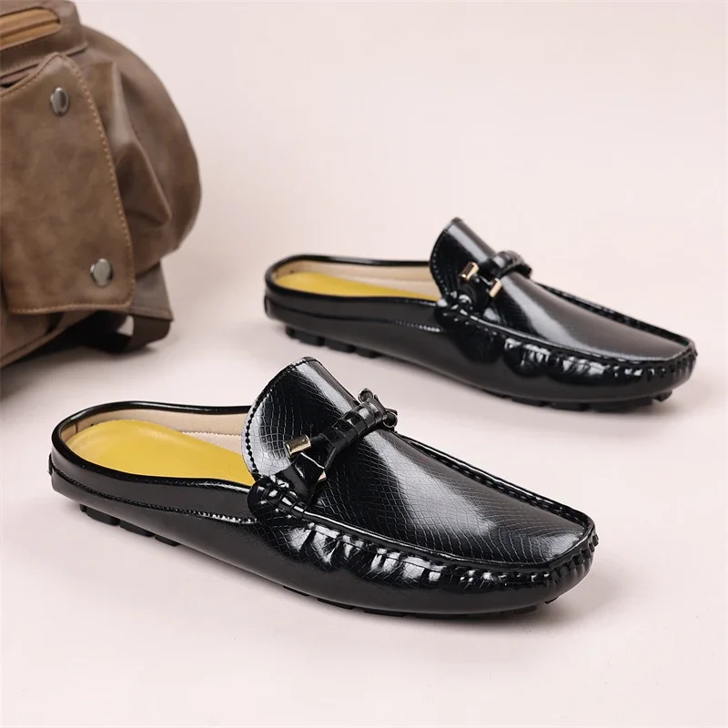 Fashion Bright Men's Loafers Classic Black Half Shoes For Men Leather Casual Shoes Comfortable Slip-on Flat Shoes Man Lazy Shoes