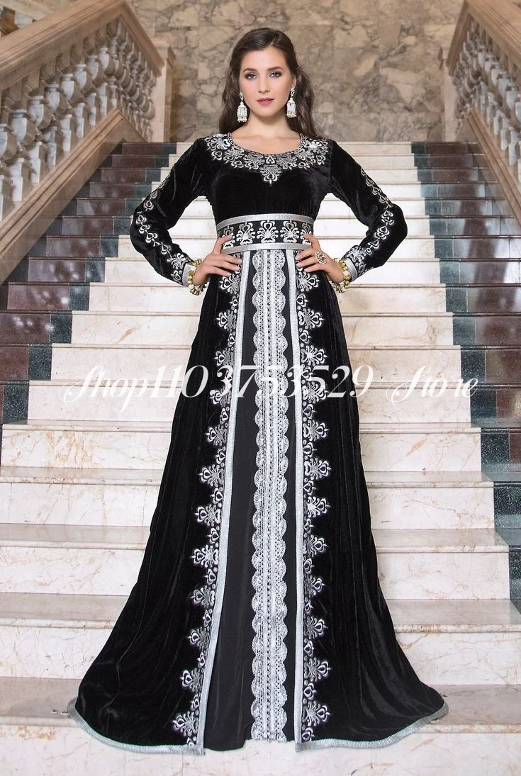 Black Velvet Moroccan Kaftan Prom Dress Arabic Maxi Fancy Embroidery Long Full Sleeve Farasha Takchita Arabic Evening Dress