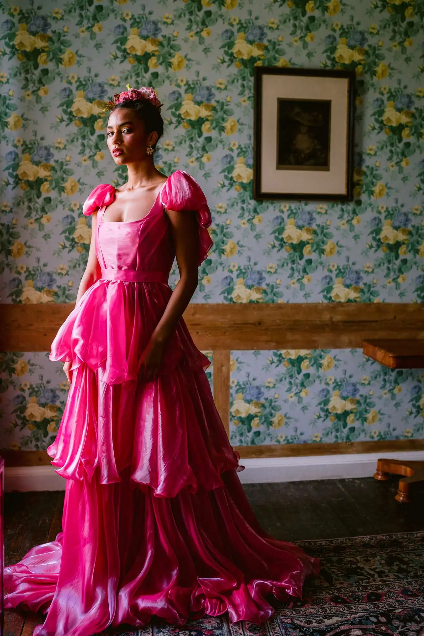 Fairytale Fuchsia Organza Layered Long Bridal Dresses With Both Bow One Shoulder Hot Pink Women Maxi Gowns