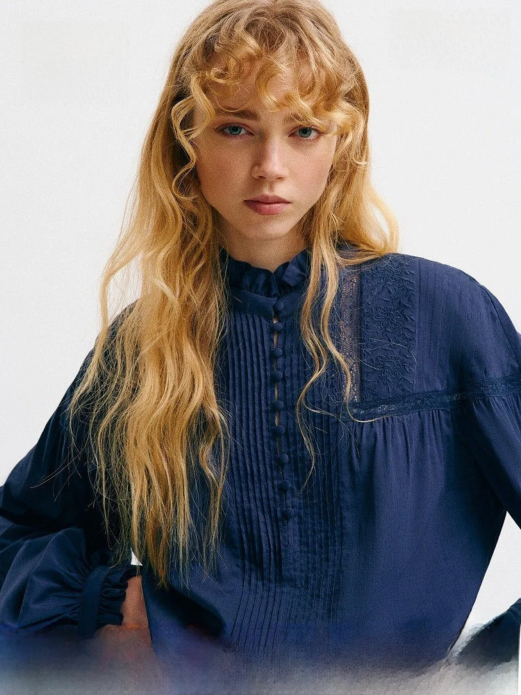 

H&M Women's Shirt Spring 2026 New Embroidered Lace Pleated Cotton Blend Long Sleeve Gauze Collar Top Gentle Style 1321153