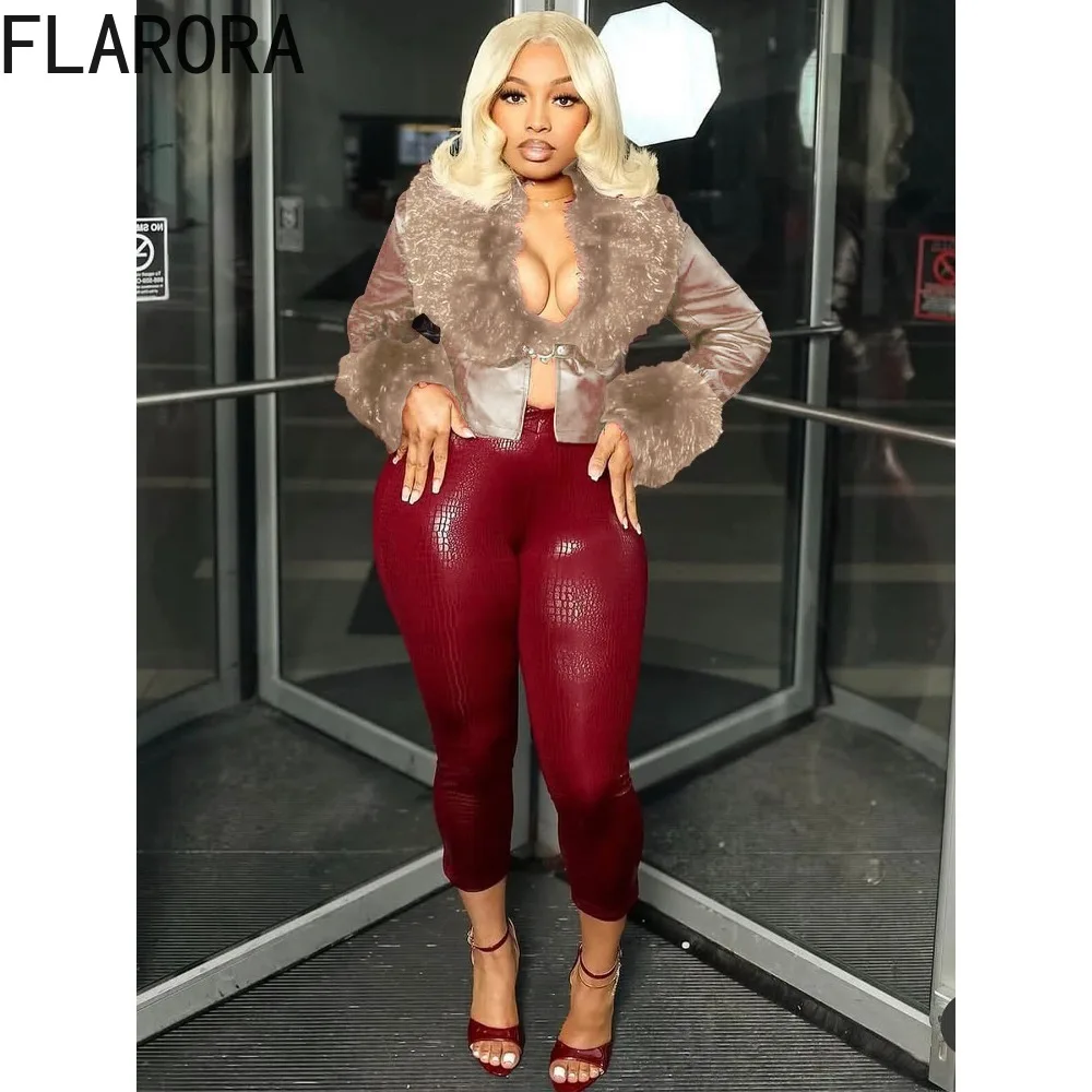 FLARORA Moda Patchwork in pelliccia sintetica Set da 2 pezzi Donna Cardigan con scollo a V Giacche e pantaloni skinny Abiti Autunno Vintage Streetwear