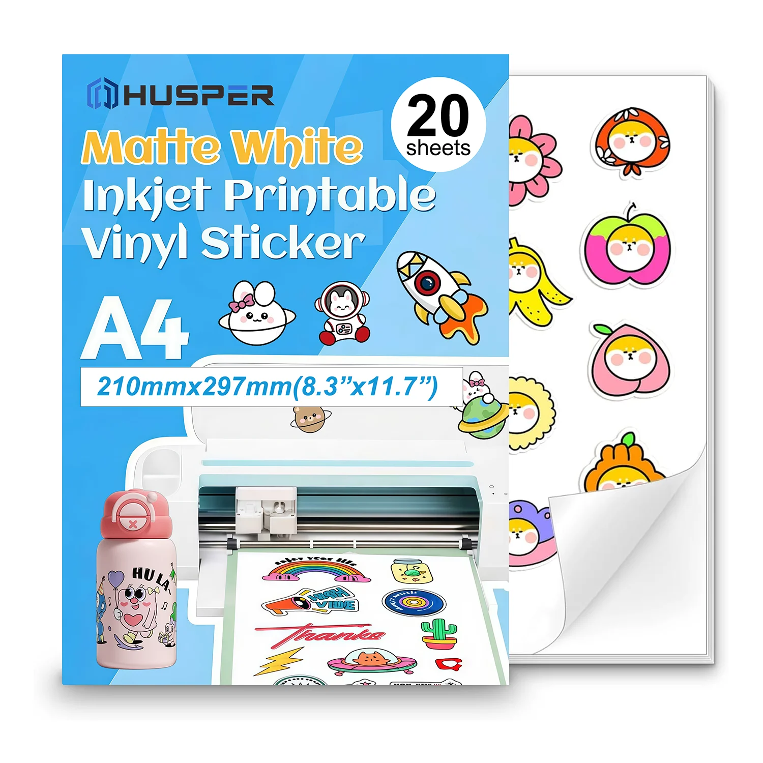 20 Printable Vinyl Sticker Sheets, Suitable for Inkjet/Laser Printers, Waterproof, Matte White, Compatible with Cutting Machines