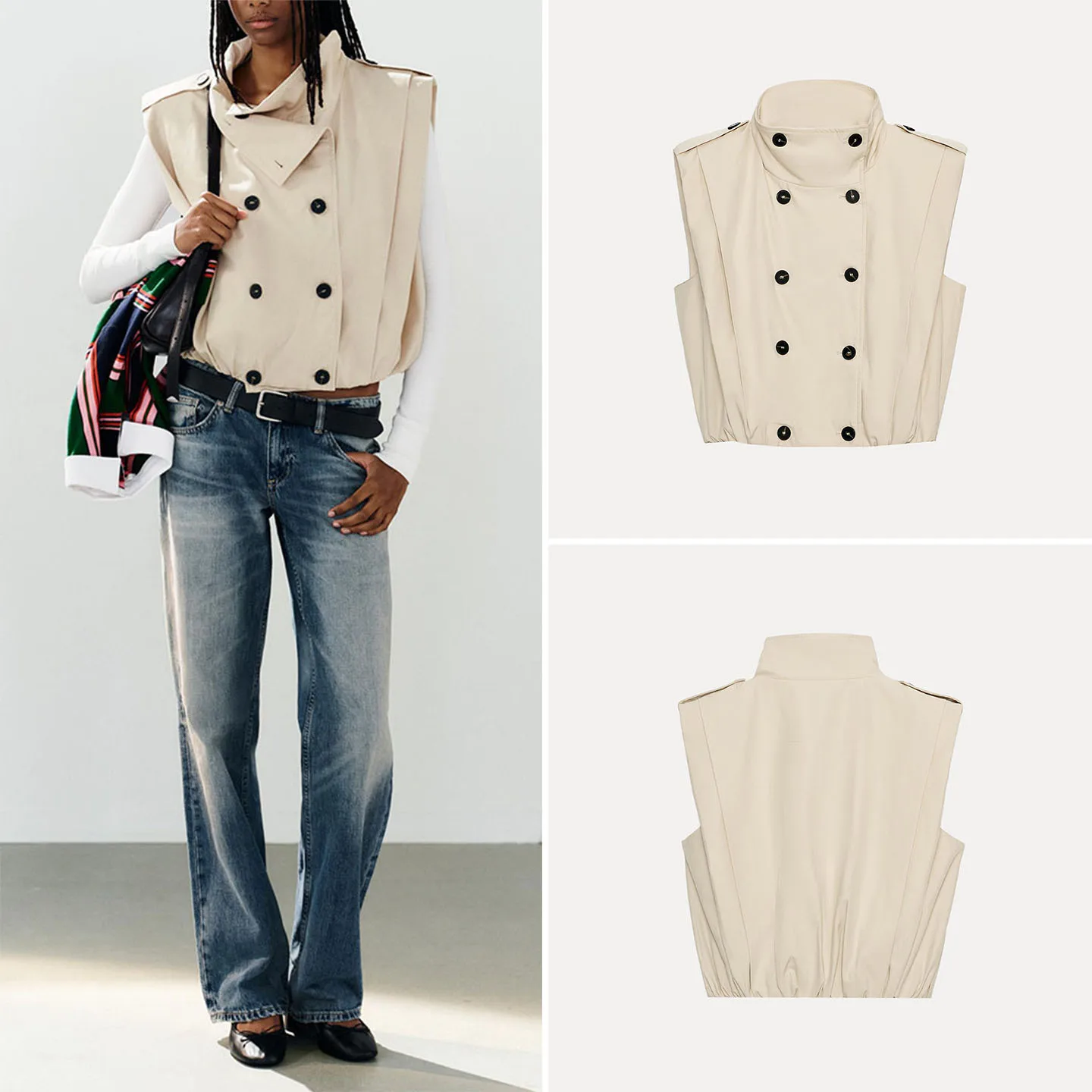 Fashionable Sleeveless Stand Collar Pleated Double Button Vest Women's Autumn Wear 2026 New Arrival Casual Style Standard Fit