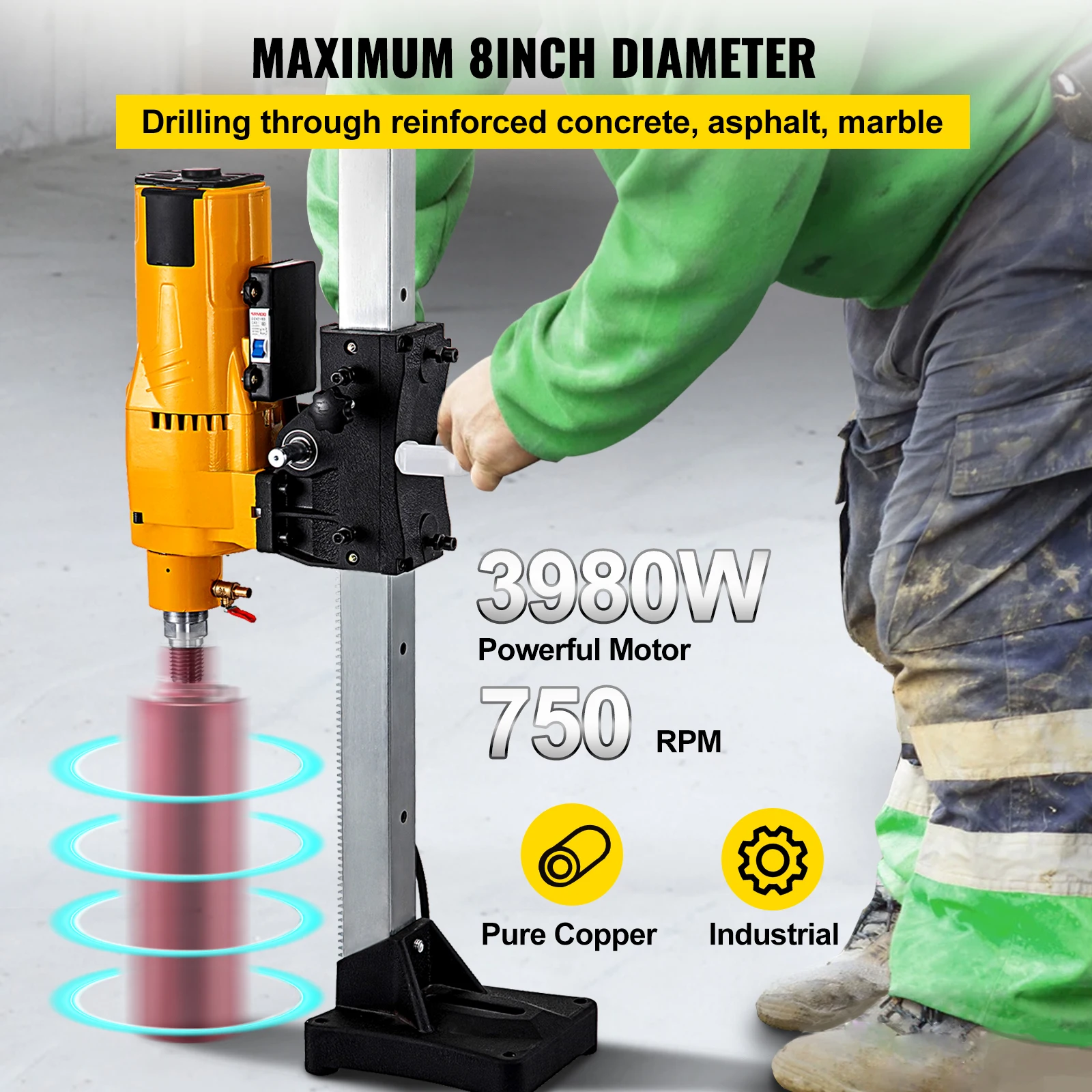 VEVOR Trapano Colonna da Banco 3980/4450 W Macchina per Carotaggio 220 V Trapano a Colonna Industriale ad Alta Precisione Frequenza Nominale 50 HZ Preciso Trapano da Banco Professionale 0-750 giri/min