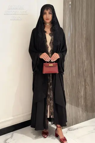Black Lace-Trimmed Satin Cardigan Robe, Middle Eastern Muslim Eid Formal Islamic Attire