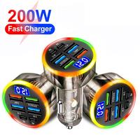 6 Ports 200w Car Charger USB C Car Phone Charger PD Type C Power Adapter In Car Fast Charging For IPhone QC 3.0