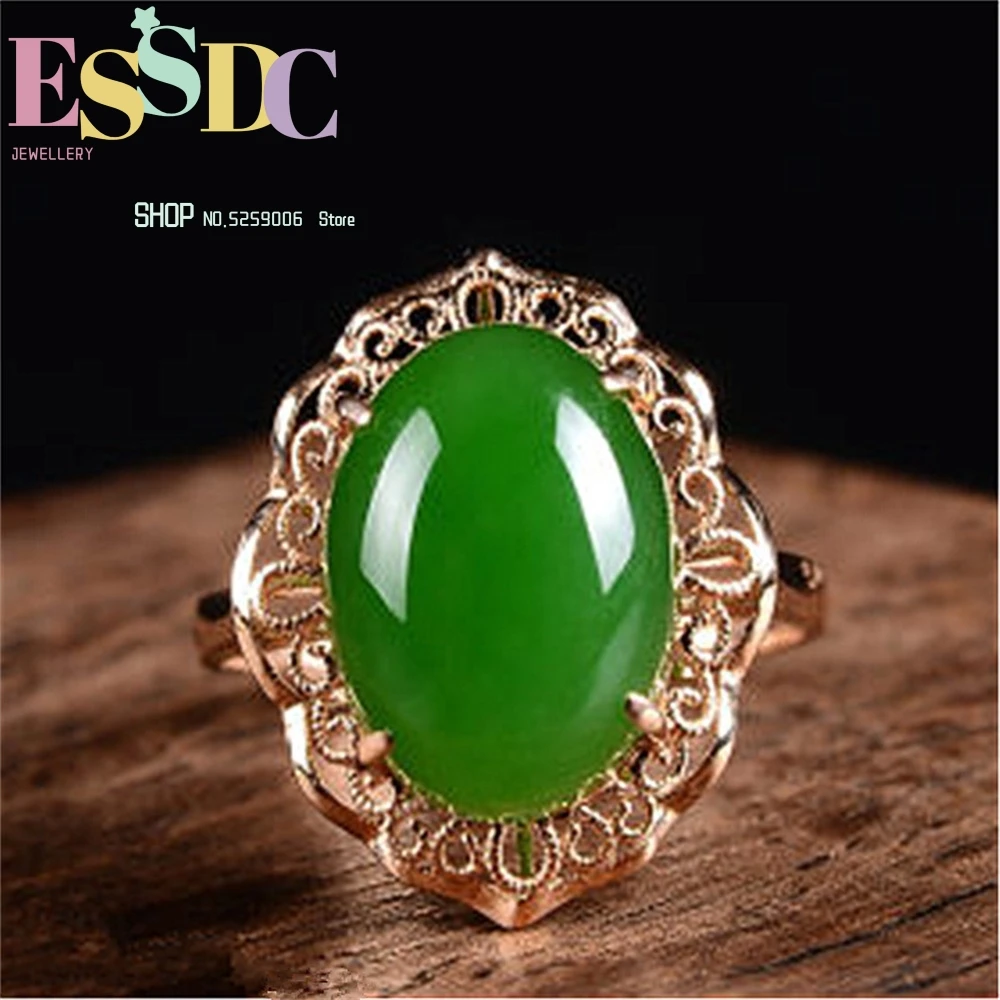 

New In 14k Golden Jewelry Real Gold Beauty Natural Green Round Jade Emerald Bead Gemas Rings Fine Jewellery for Woman Men Gifts