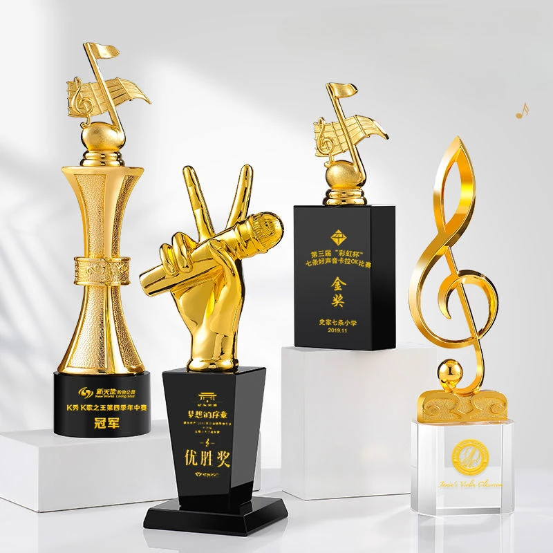 Competition crystal trophy, souvenir medal, metal, resin, music singing, microphone, gold, silver, copper, usable, gift, 1 piece