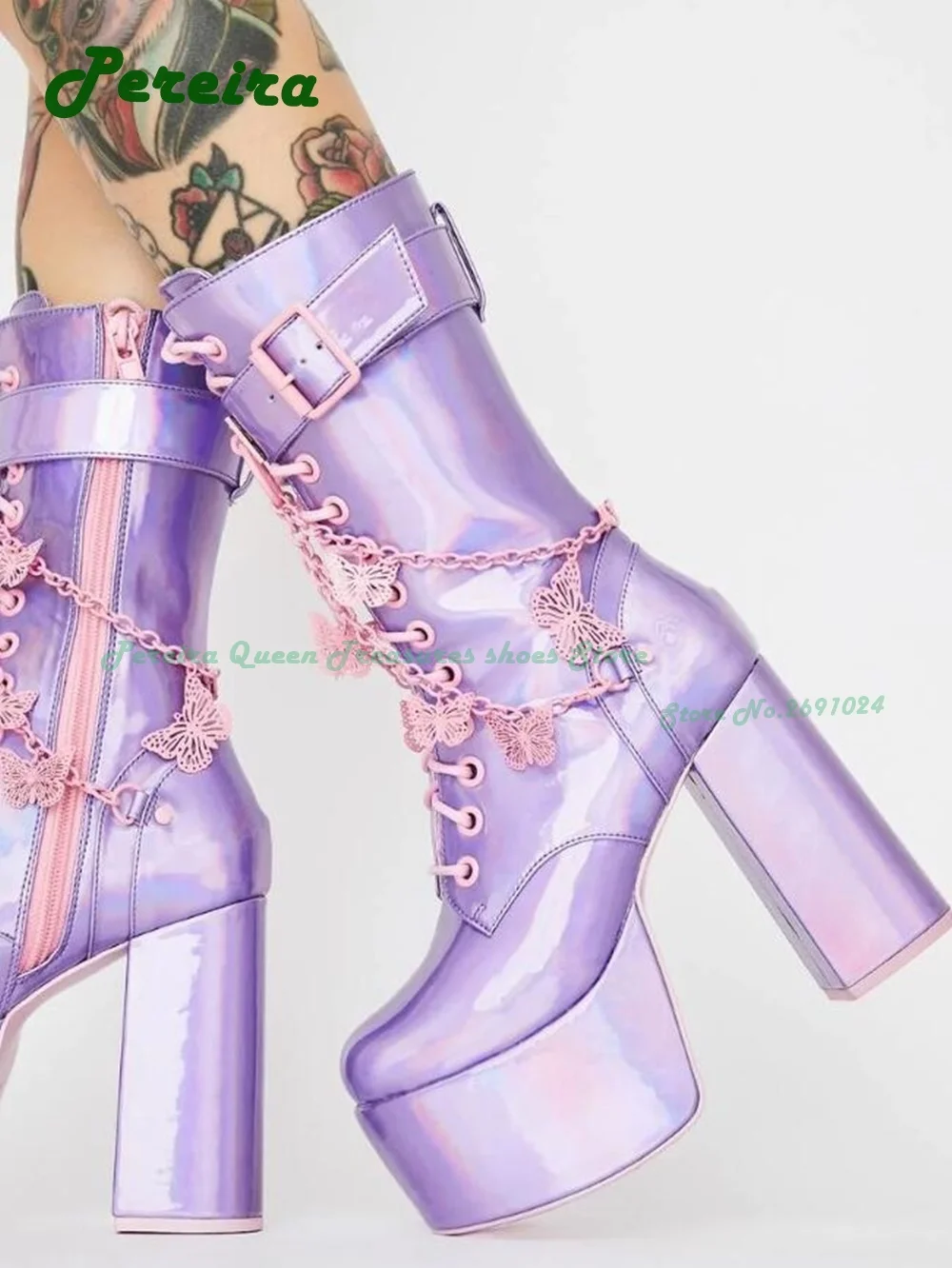 Holographic Platform Boots Buckled Ankle Straps with Layered Chains Butterfly Charms Adjustable Lace Up Round Toe Chunky Heels