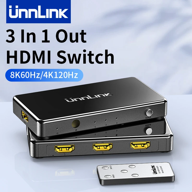 Unnlink HDMI 스플리터, PS5/4 Xbox 노트북용 리모컨 포함, TV 모니터 프로젝터, 8K 60Hz HDMI 스위치, 3 in 1 Out, 4K 120Hz, 3×1 Unnlink HDMI 스플리터, PS5/4 Xbox 노트북용 리모컨 포함, TV 모니터 프로젝터, 8K 60Hz HDMI 스위치, 3 in 1 Out, 4K 120Hz, 3×1