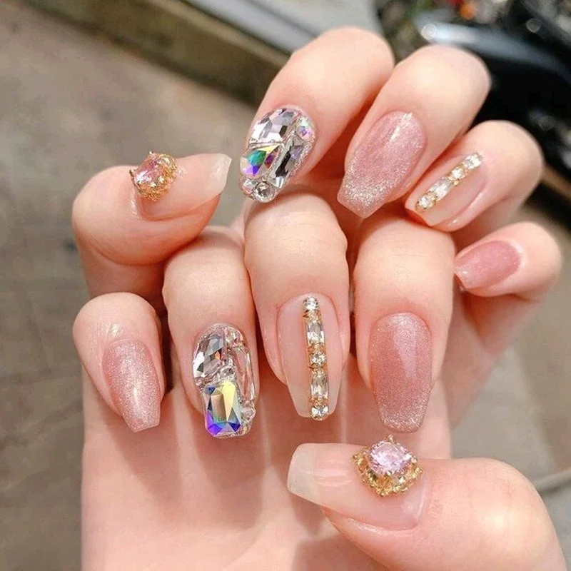 50Pcs Flat Back Nail Rhinestones,Trapezoid AB Iridescent Water Drop & Melon Seed Multi-cut Clear Special Shape Gems