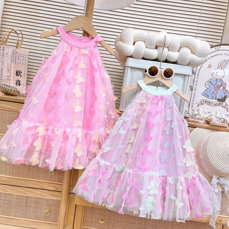 

Girls' Dress2025Summer New Cute 3D Butterfly Mesh Dress for Girls