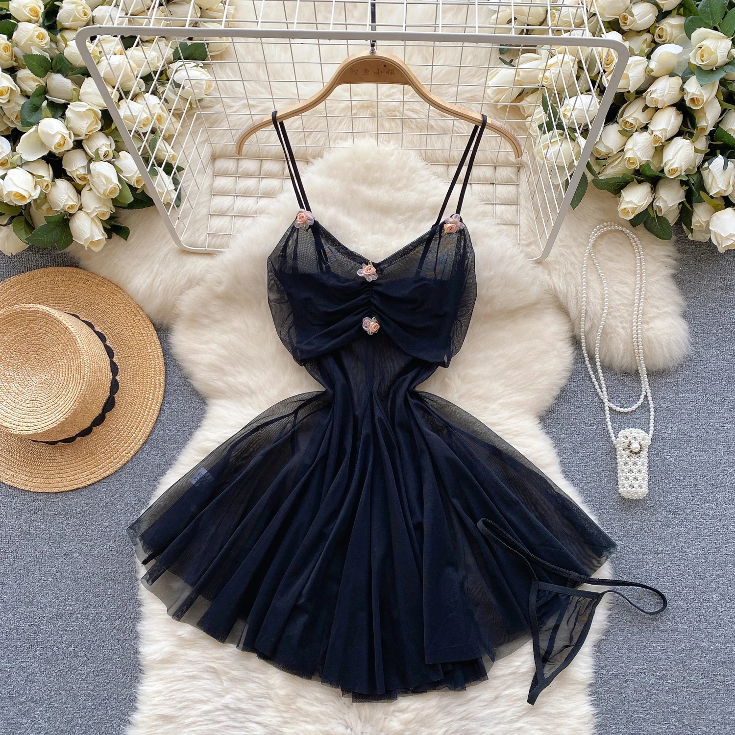 Sexy Sweet Gauze Ball Gown Strappy Evening Dress Pleated Slim Floral Skirt Women's Nightgown Camisole Mini Hotsweet Sleepwear