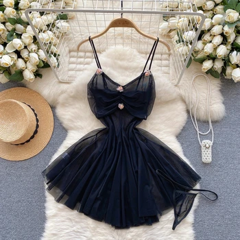 Image Sexy Sweet Gauze Ball Gown Strappy Evening Dress Pleated Slim Floral Skirt Women's Nightgown Camisole Mini Hotsweet Sleepwear