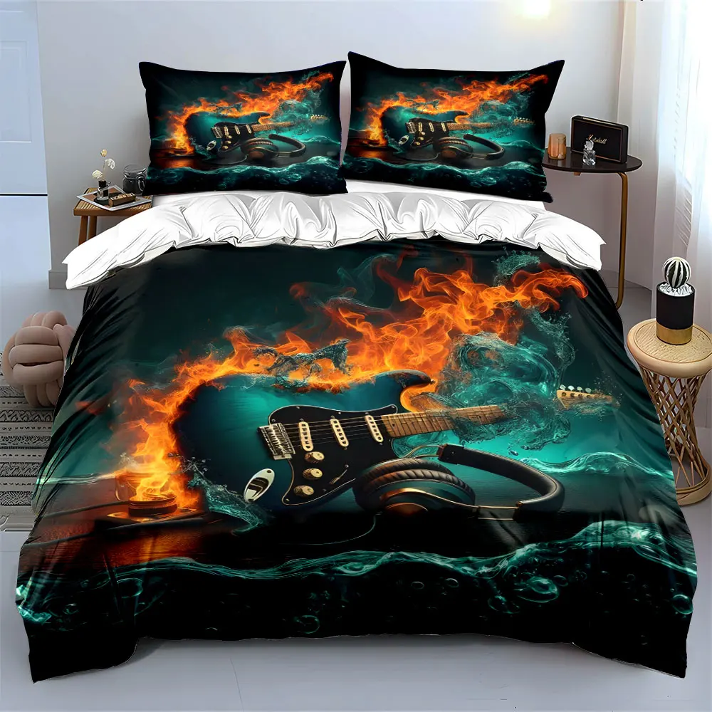 Cool electric guitar with fire and water Print Soft Comfortable Duvet Cover Bedding Set Included 1*Duvet Cover  2*Pillowcases