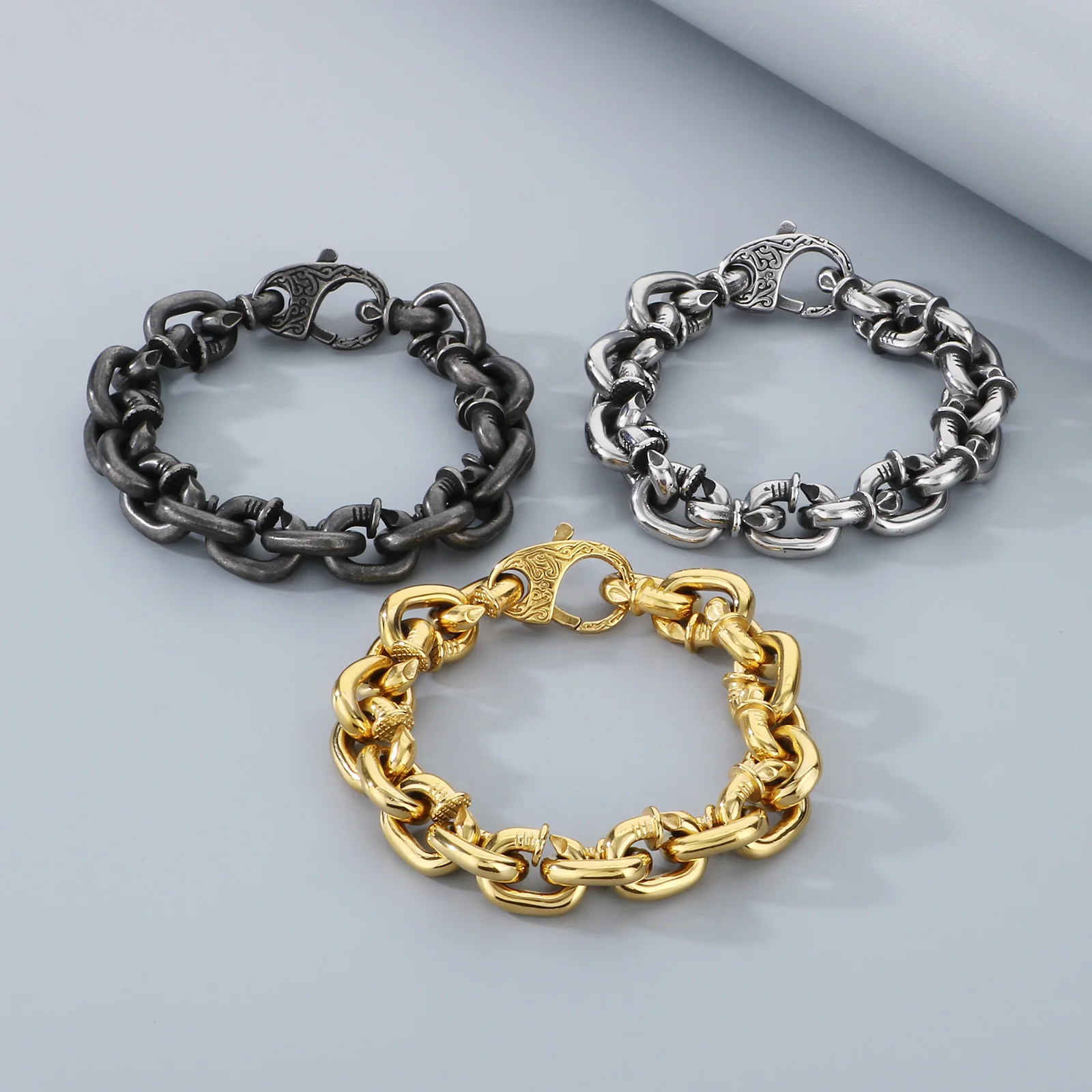 Retro Silver Bracelet Thick Jewelry Stainless Steel Men's and Women's Nail Bracelet Party Jewelry Gold Color Gift Choke Chain